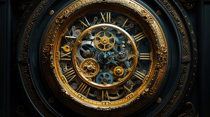  clock and time in universe ,black background showing universe is a vast clockwork mechanism, with...