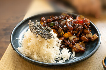 Japan Curry, Beef and Vegetables Stir Fry with White Rice, Teriyaki Beef on Restaurant Plate