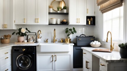 Fototapeta na wymiar Laundry room makeover with glossy black stacked appliances. 