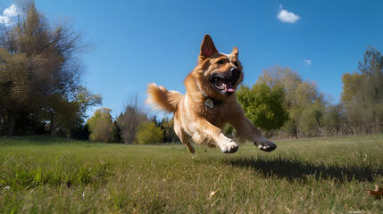 Joyful Sprint: Exuberant Dog Enjoying a Sunny Day Outdoors AI-Generative