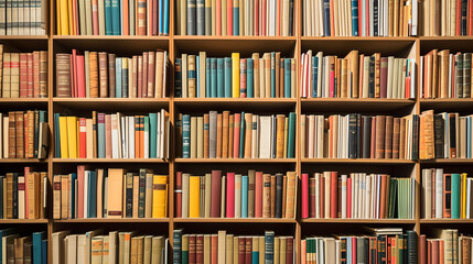 Wall of books on the shelfs - obrazy, fototapety, plakaty