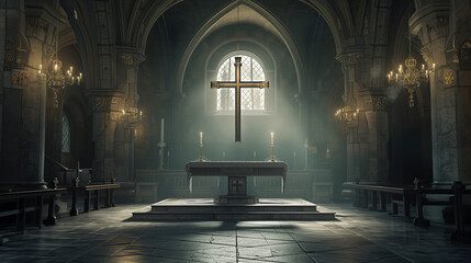 Majestic splendor of Holy Week within the sacred confines of a church, where an immense golden cross on the altar is illuminated by the divine light streaming through a window - obrazy, fototapety, plakaty