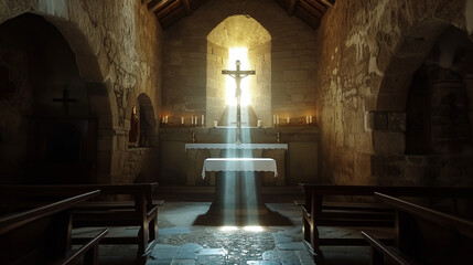 Wooden cross on a humble altar is gently illuminated by the divine light streaming through a small church window