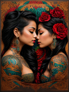 Chicano style tattoo design depicting two women kissing