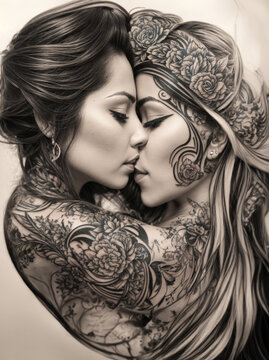 Chicano style tattoo design depicting two women kissing