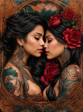 Chicano style tattoo design depicting two women kissing