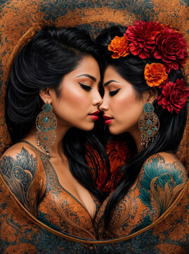 Chicano Style Tattoo Design Depicting Two Women Kissing