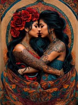 Chicano style tattoo design depicting two women kissing