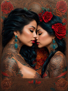 Chicano style tattoo design depicting two women kissing