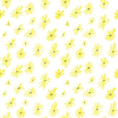 Seamless abstract botanical pattern. Simple background with yellow, white texture. Digital brush strokes. Flowers. Design for textile fabrics, wrapping paper, background, wallpaper, cover.