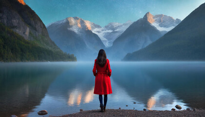 person on the mountain. Lady in red coat standing at the edge of a lake.