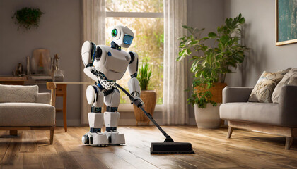 vacuum cleaner on a floor. Robot cleaning a house.  - obrazy, fototapety, plakaty