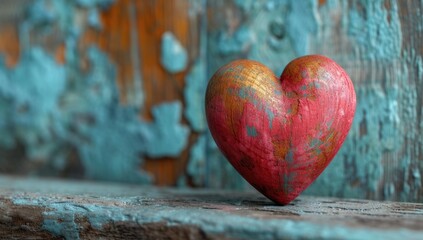 a small wooden red pink heart on the table next to a turquoise wall, in the style of realistic scenery, light turquoise and light navy, soft and rounded forms, photo-realistic hyperbole,