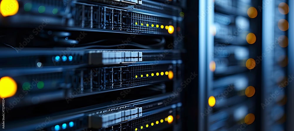 Poster dynamic and dramatic network server room backdrop with network cables and lights