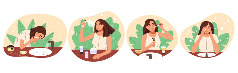 Beauty skincare routine. Woman skin care stages, cleansing, serum, face cream. Hygiene, hydration, skincare essentials flat vector illustration set. Girl skincare routine procedures