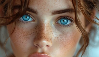 a young girl with freckles and blue eyes, in the style of explosive pigmentation, macro lens, photo taken with nikon d750, light crimson and azure, unprimed canvas, barbizon school, polka dots