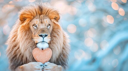 Lion with heart shaped gift on magical background, valentine s day concept with copy space