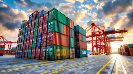 Fototapeta premium Industrial Shipping Containers, Transportation and Export, Harbor Cargo, Port Freight, Trade Business, Import Dock, Crane Delivery, Loading Terminal, Commercial Commerce, Warehouse Storage