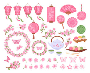 Sakura admiring festival. Traditional japanese cherry blossom, spring sakura tea and sweets, lanterns and fans, blooming sakura symbols flat vector illustration set. Oriental sakura elements