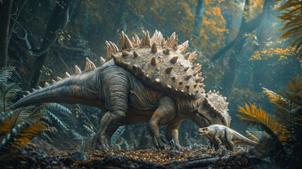 a stegosaurus with baby - obrazy, fototapety, plakaty