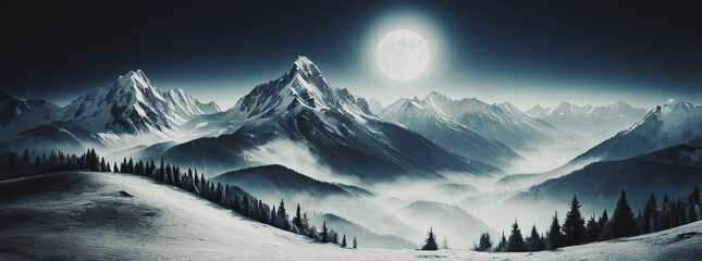 panesaggio notturno illuminato dalla luce di una grande luna piena con cime di monti innevati e vallate nebbiose