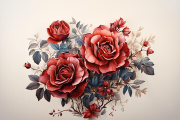 Watercolor illustration which depicts red roses on beige background