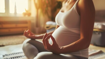 Zen mom: Woman meditating and practicing yoga for a peaceful, healthy pregnancy - obrazy, fototapety, plakaty