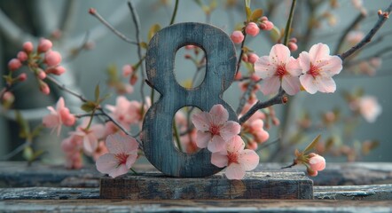 an old wooden block and flower with hand drawn number 8 on a blue background
