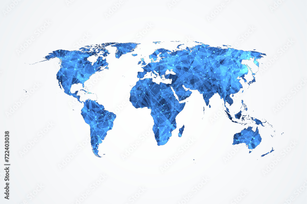 Poster Polygonal World Map Vector With Connections Dots And Lines. Global Network Internet Connection World Map.
