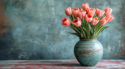 beautiful tulips in a vase in teal background, in the style of rustic texture, dark pink, decorative backgrounds, red and aquamarine, high resolution, distressed materials
