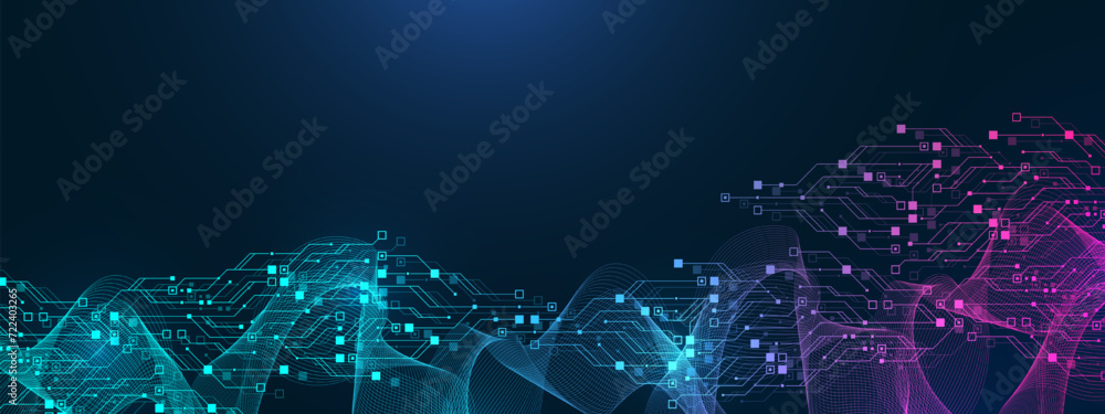 Fototapete Quantum computer technologies concept. Futuristic blue circuit board background vector. Modern technology circuit board texture background design. Waves flow. Quantum explosion technology.
