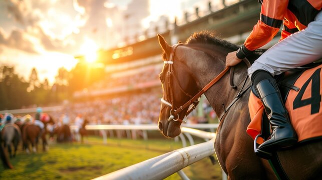 Professional jockey riding a powerful horse in an intense and competitive horse racing event