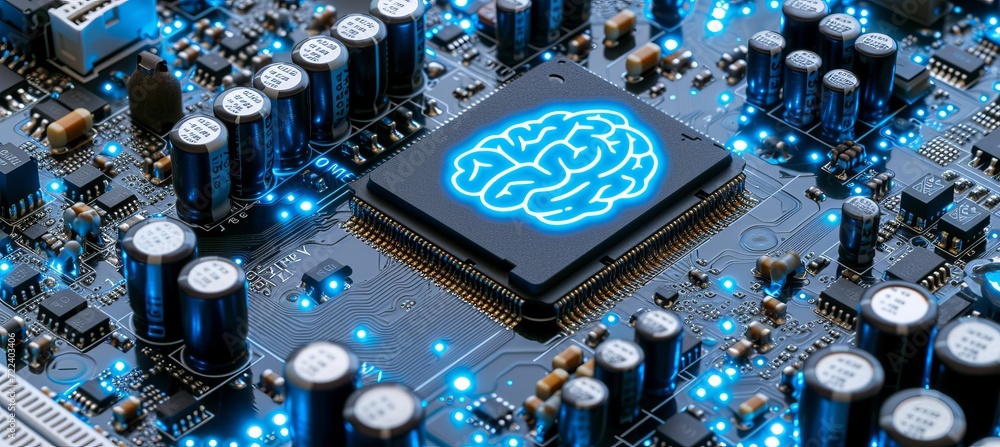 Aufkleber shining brain icon on cpu with holographic elements for data security and text placement
