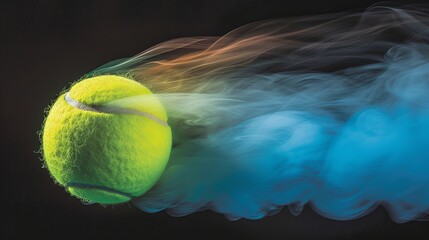 Vibrant tennis ball ejecting colorful smoke on black background for sports and creativity concepts