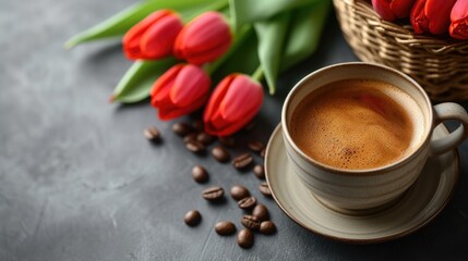 Fototapeta na wymiar coffee in a cup set in front of tulip, a basket and red rose, in the style of minimalist imagery,