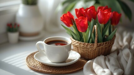 Fototapeta na wymiar coffee in a cup set in front of tulip, a basket and red rose, in the style of minimalist imagery