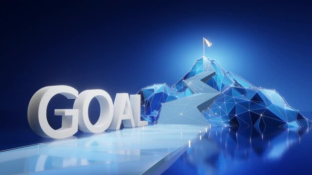 The concept of success, the camera moves back from the highest point of the mountain until it comes across the text word Goal, geometric style.