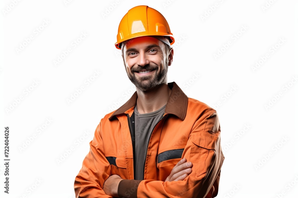 Wall mural professional construction worker in uniform posing against plain white background