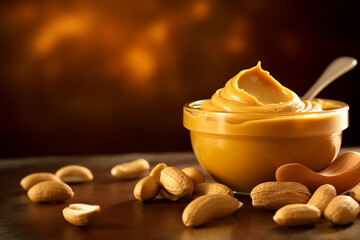 Creamy peanut butter in a clear bowl with nuts around. - obrazy, fototapety, plakaty