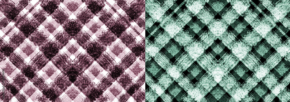 Aufkleber set of checkered textures with green and brown intersecting fluffy lines on light and dark backgroun