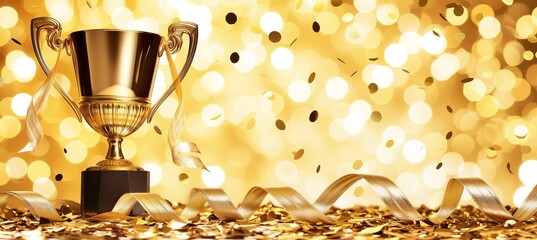 Golden championship cup with magical defocused background, confetti, and wide banner for copy space