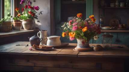 Rustic Kitchen Still Life with Fresh Blooms and Vintage Tableware AI-Generative