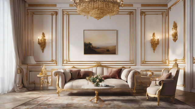 Luxury classic living room interior design with stylish armchair. White wall and gold details 3d render 3d illustration