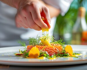 A chef's hand pouring sauce over a finished haute cuisine dish. Exquisitely prepared salmon fillet fish. Restaurant and tunic in background. Commercial food photography for a restaurant.