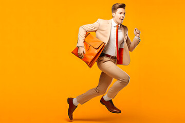 businessman with a briefcase on an orange background
