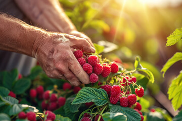 Freshly picked organic raspberries in hand of farmer. Summer harvest. Raspberry harvesting. Healthy...