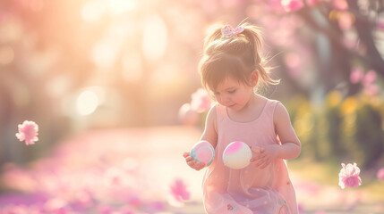 enchantment as a little girl, dressed in a charming pink outfit, gleefully holds an Easter egg while collecting more from the ground