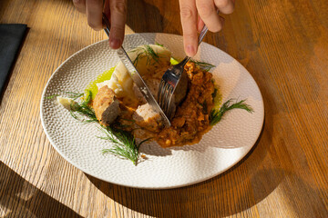Breaded Meat Cutlets with Mashed Potatoes and Stewed Cabbage Garnish, Restaurant Main Course