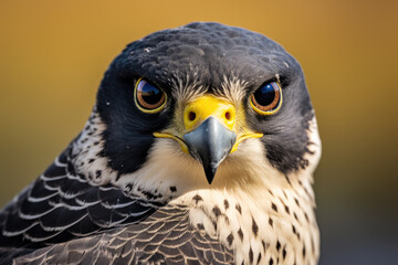 Close up macro of peregrine falcon, bird of pray on blurred background