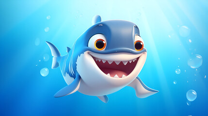 Shark is a cheerful, funny, kind, blue color with sharp teeth in the depths of sea water, a cheerful cartoon character, close-up